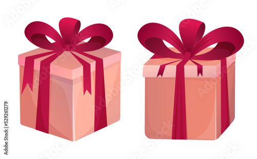 Gift box cartoon of presents packaging. Gift box and present bag with ribbon bow.
