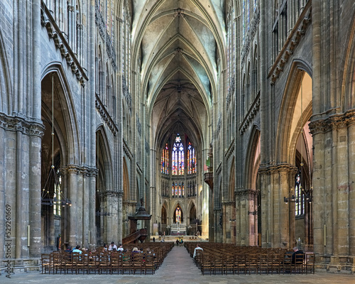 Interior of Cathedral of Saint Stephen of Metz, France. The present Gothic building was built in 1220-1550 and consecrated on April 11, 1552. The cathedral has one of the highest naves in the world.