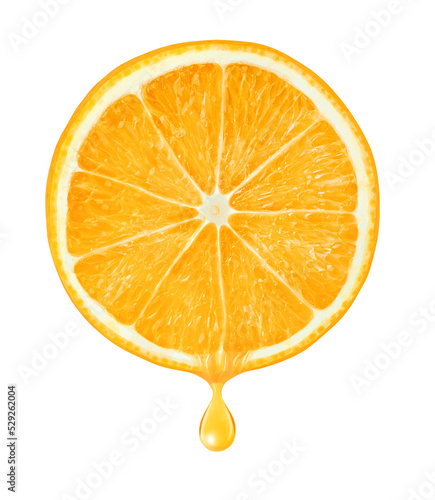 Slice of orange fruit with drop of juice cut out