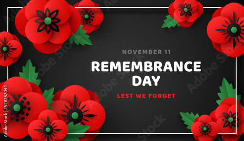 Remembrance Day card, Memorial Anzac flyer template with paper cut poppy flowers and leaves border frame. Vector illustration. Red floral design for posters, brochures vouchers. Place for text