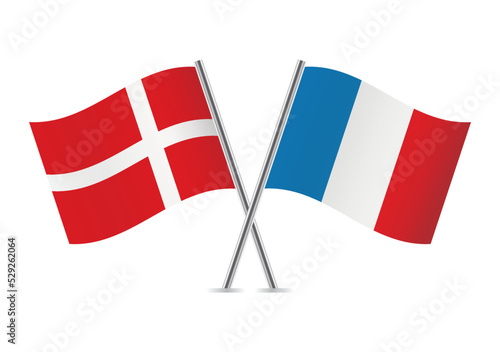 Denmark and France crossed flags. Danish and French flags on white background. Vector icon set. Vector illustration.