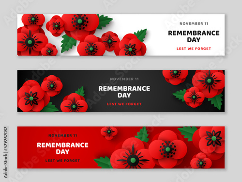 Remembrance Day horizontal banner set. Memorial Anzac card flyer, header or voucher template, paper cut poppy flowers border frame. Vector illustration. Craft floral design. Lest we forget, armistice