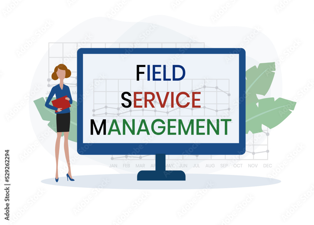 FSM - Field Service Management acronym. business concept background. vector illustration concept with keywords and icons. lettering illustration with icons for web banner, flyer, landing page