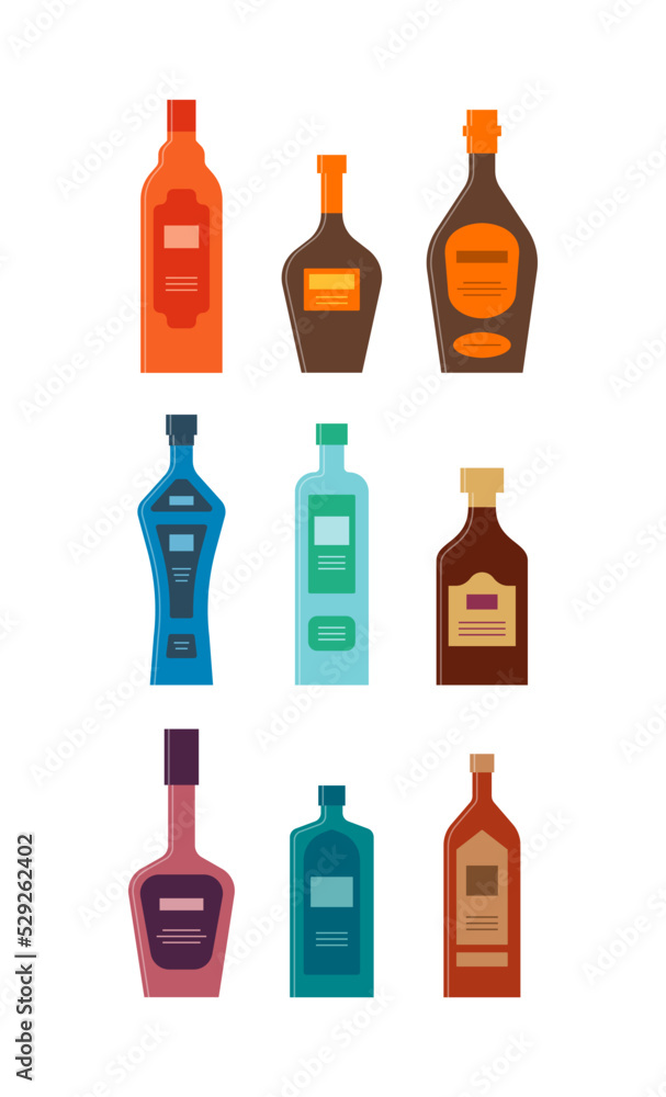 Bottle of liquor whiskey cognac vodka rum wine gin brandy. Graphic design for any purposes. Flat style. Color form. Party drink concept. Simple image shape Bottle of liquor whiskey cognac vodka rum wine gin brandy. Graphic design for any purposes. Flat style. Color form. Party drink concept. Simple image shape