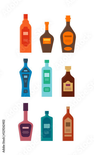 Bottle of liquor whiskey cognac vodka rum wine gin brandy. Graphic design for any purposes. Flat style. Color form. Party drink concept. Simple image shape