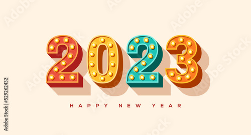 2023 Merry Christmas and Happy New Year retro logo, card banner with typography design. Vector illustration. Numbers of light bulbs font. Minimal invitation flyer, brochure voucher template.
