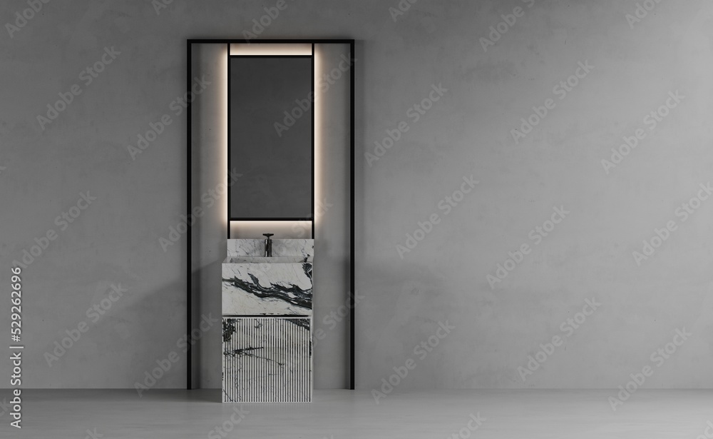 An empty concrete bathroom with a free-standing marble washbasin and a large metal-framed mirror, black faucet. 3d render An empty concrete bathroom with a free-standing marble washbasin and a large metal-framed mirror, black faucet. 3d render