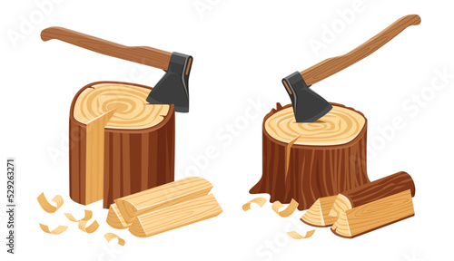 Axe tool in tree stump. Camping ax cuts wood or firewood. Logs and timber materials, natural lumber concept vector