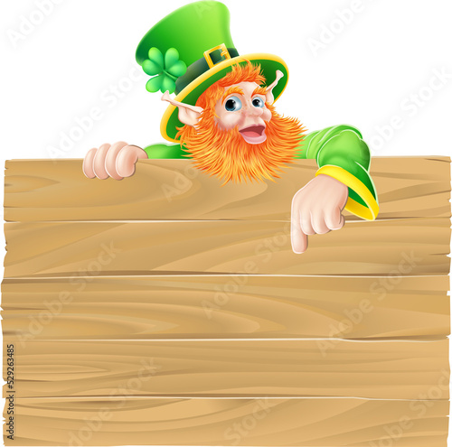 Saint Patrick s day leprachaun cartoon character pointing down at a sign photo