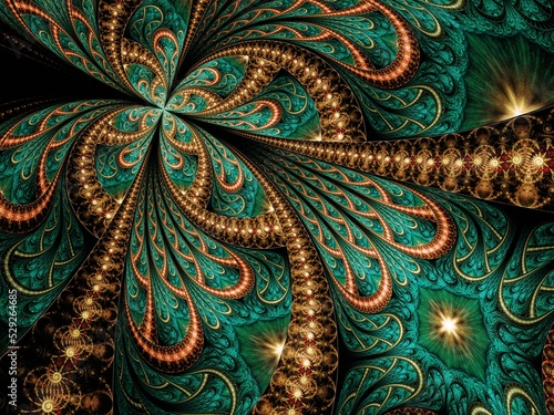Symmetrical Gold Green fractal flower, digital artwork for creative graphic