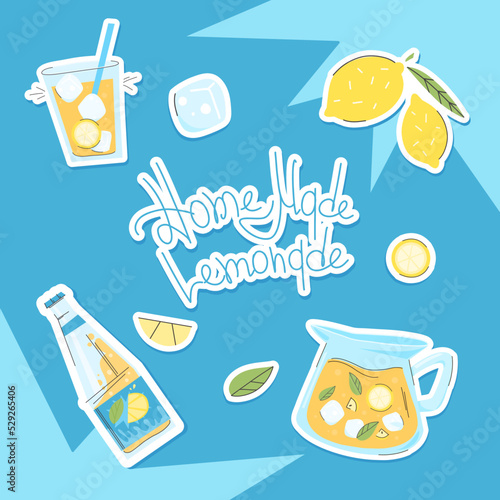 Sticker set of homemade lemonade on a blue background. Illustrations of a lemonade bottle, glasses, lemons and a decanter with a cutout outline.