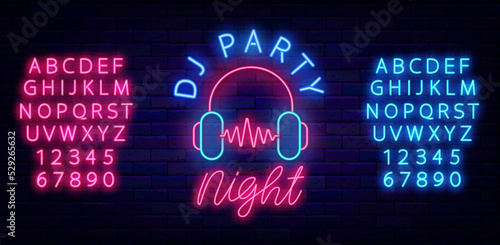 Dj party night neon signboard. Headphones with sound waves. Glowing pink and blue alphabet. Vector stock illustration