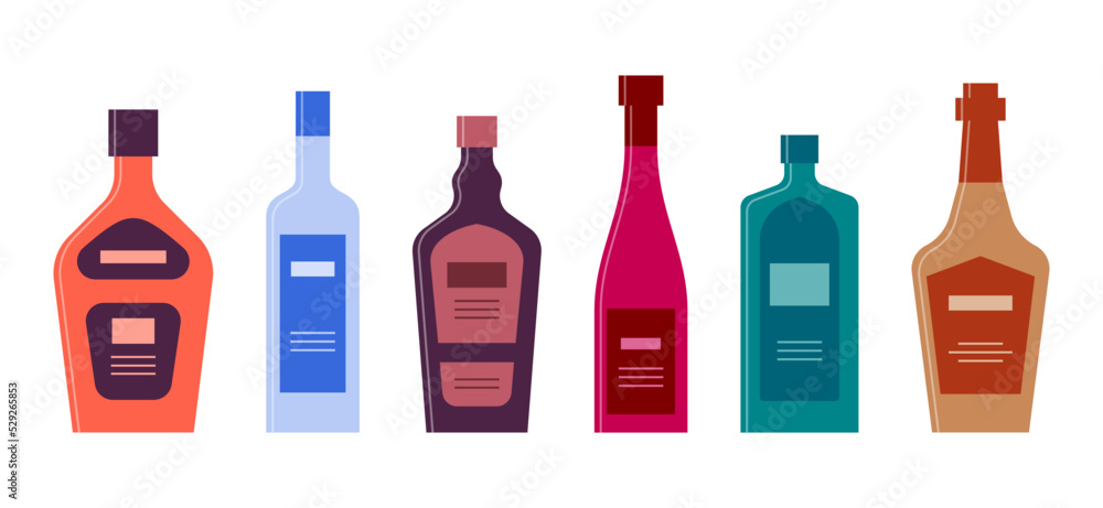 Bottle of rum vodka liquor wine gin cognac in row. Graphic design for any purposes. Flat style. Color form. Party drink concept. Simple image shape Bottle of rum vodka liquor wine gin cognac in row. Graphic design for any purposes. Flat style. Color form. Party drink concept. Simple image shape