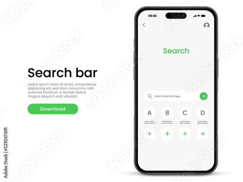 Web browser application, internet browser search engine template with 3d smartphone mockup. Search bar for UI UX website, mobile app. Search address and navigation bar mockup.