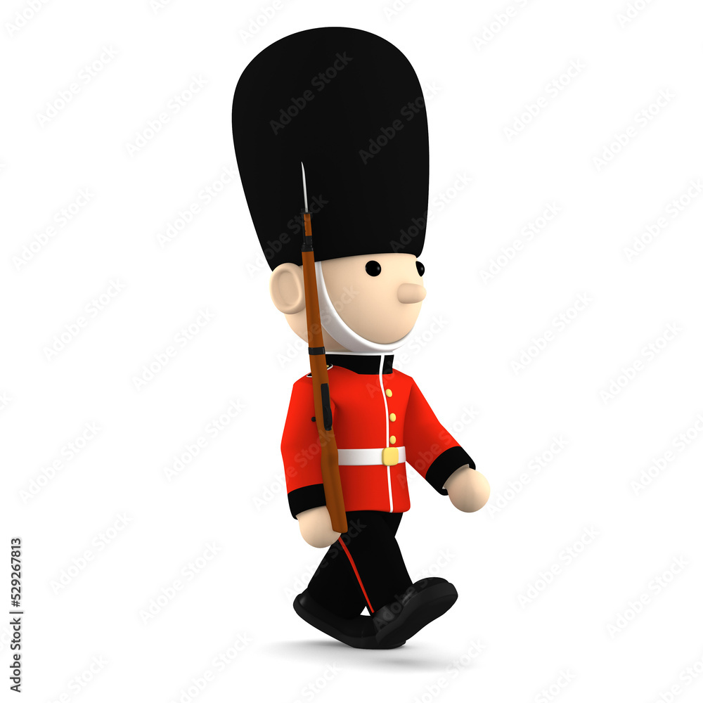 Toy soldier Queen's Guard in traditional uniform with gun walking, British soldier, 3D illustration Toy soldier Queen's Guard in traditional uniform with gun walking, British soldier, 3D illustration