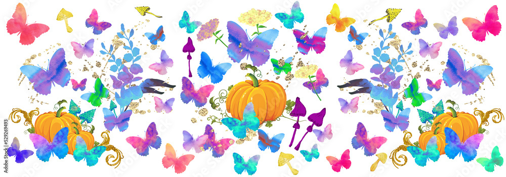 Halloween pumpkins pattern with flowers, butterflies, mushrooms, botanical design elements.