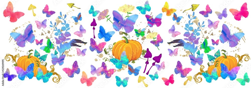 Halloween pumpkin botanical pattern with flowers, butterflies, mushrooms.