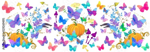Halloween pumpkin botanical pattern with flowers  butterflies  mushrooms.