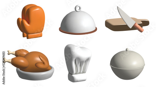 cooking 3d icon set with chef hat, cooking gloves, cutter board, frying hen 3d illustration.