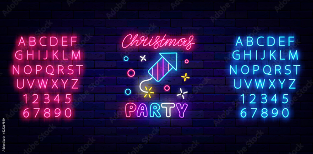 Christmas party neon signboard. Greeting card invitation. Winter holiday event. Happy New Year. Vector illustration