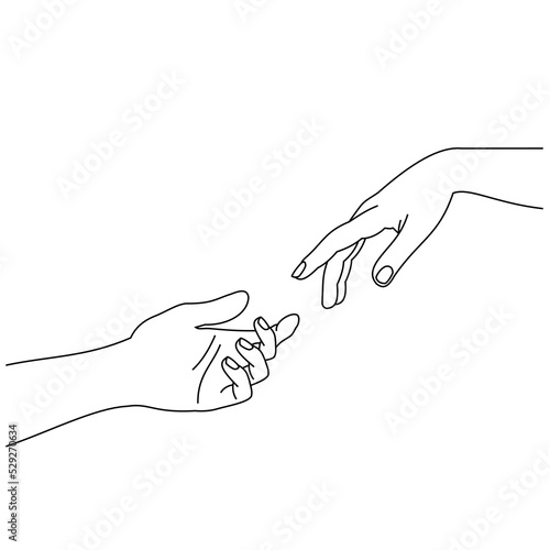 Closeup of hands of a couple trying to reach isolated on a white background