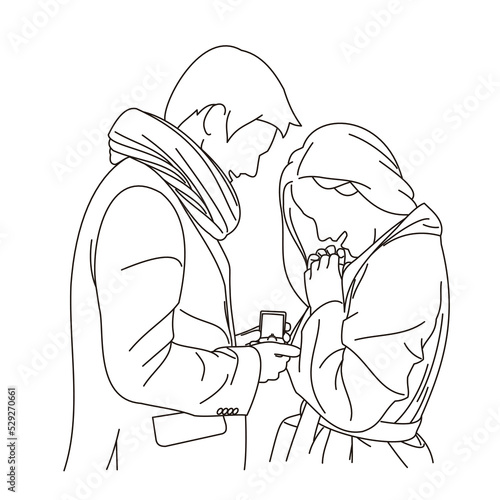 Closeup of a sketch drawing of a man proposing to his girlfriend isolated on a white background