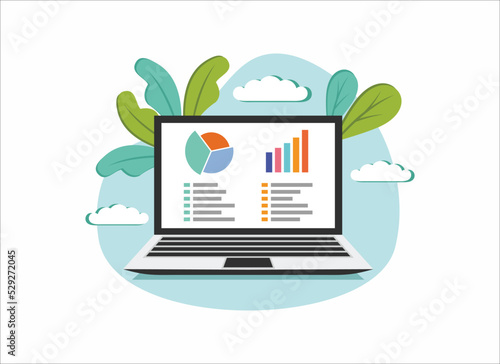 Web analytic information on Laptop screen flat icon. trend graphs report concept. statistic charts for planning and accounting, analysis, audit, management, marketing, research vector illustration.