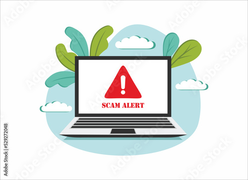 Scam alert. Hacker attack and web security vector concept, phishing scam. Network and internet security. Vector illustration.