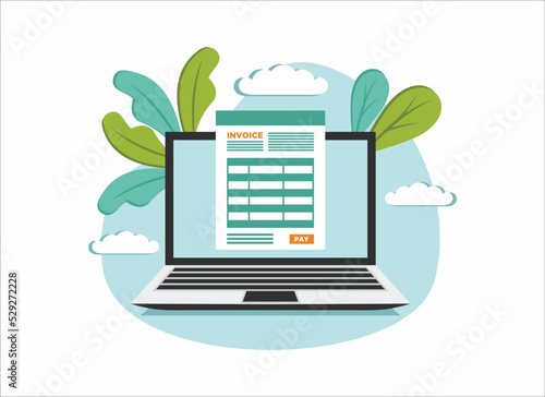 online payment on laptop computer concept with electronic receipt or financial transaction, flat vector illustration