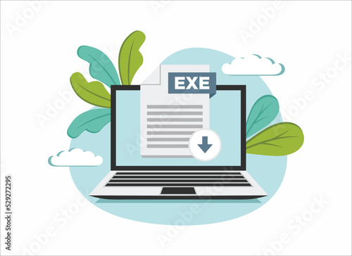 Download EXE icon file with label on laptop screen. Downloading document concept