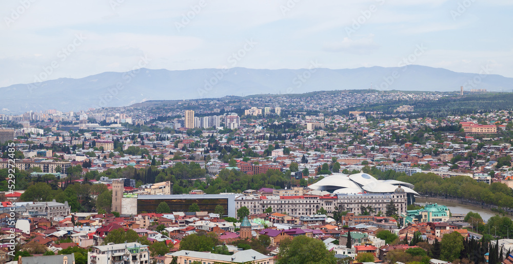 Aerial panoramic photo of Tbilisi on a summer day,