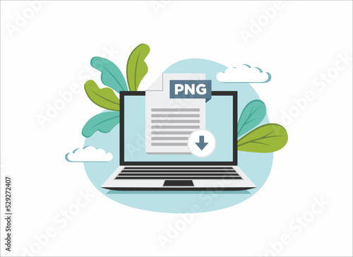 Download PNG icon file with label on laptop screen. Downloading document concept