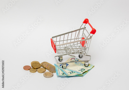 Miniature shopping cart with money isolated on white. Business and finance concept image, web shopping.