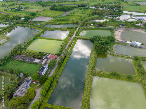 Top view of fish pond and field in Hualien of Taiwan