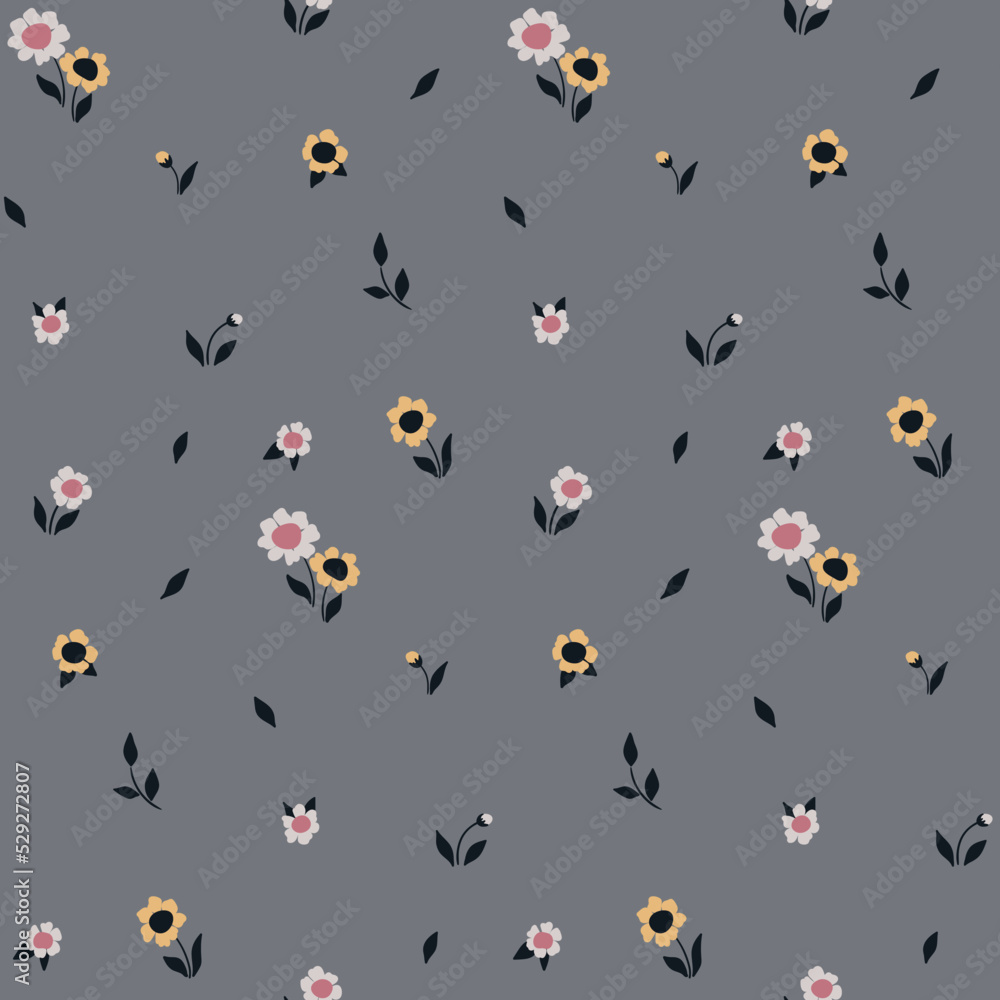 Seamless floral pattern, liberty ditsy print with small sunflowers on a gray surface. Pretty botanical background design with tiny hand drawn plants: flowers, leaves. Vector illustration. Seamless floral pattern, liberty ditsy print with small sunflowers on a gray surface. Pretty botanical background design with tiny hand drawn plants: flowers, leaves. Vector illustration.