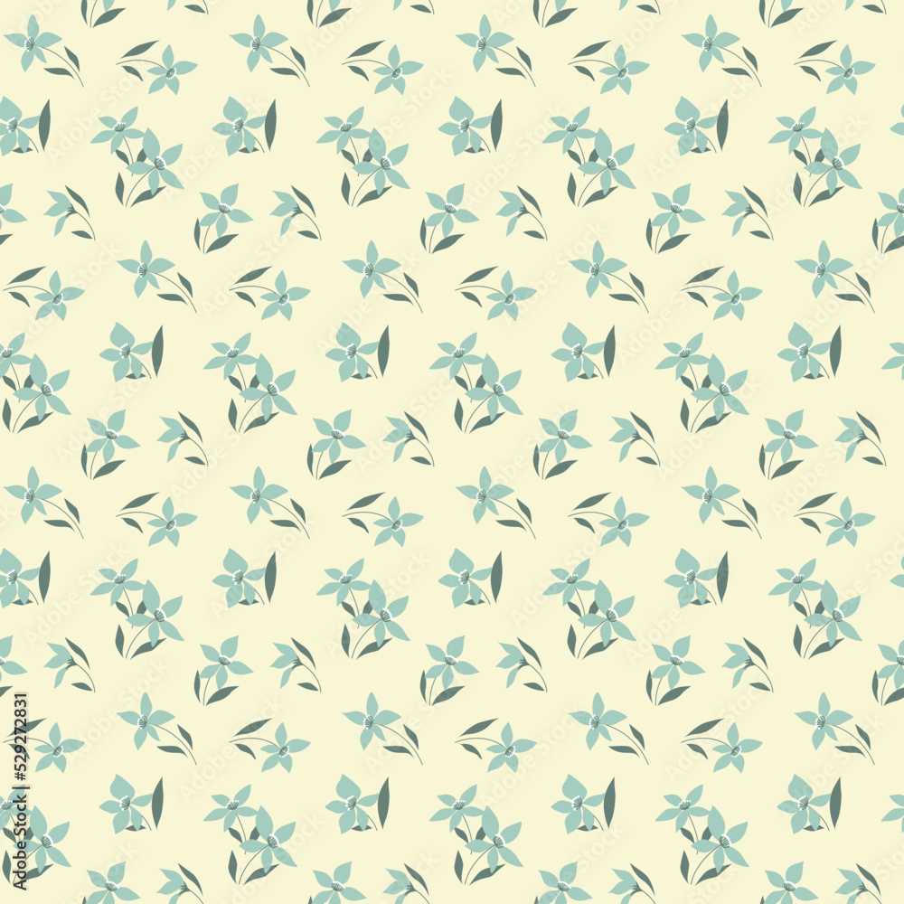 Seamless floral pattern, rustic ditsy style print with little decorative art plants. Simple botanical background design with small blue flowers, leaves on light. Vector illustration.