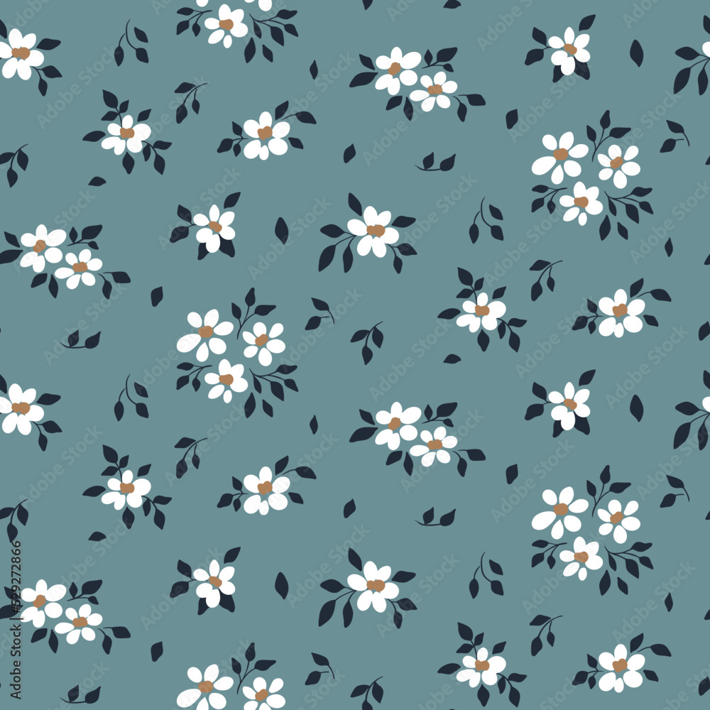 Seamless floral pattern, romantic ditsy print with small white flowers on a blue surface. Pretty botanical background design with tiny drawing plants: flowers, leaves. Vector illustration. Seamless floral pattern, romantic ditsy print with small white flowers on a blue surface. Pretty botanical background design with tiny drawing plants: flowers, leaves. Vector illustration.