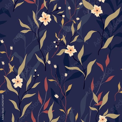 Seamless floral pattern with decorative winter botany. Elegant botanical print with an abstract composition of wild plants: small flowers on branches, herbs, leaves on a blue background. Vector.