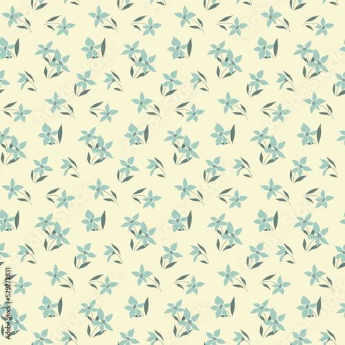Seamless floral pattern  rustic ditsy style print with little decorative art plants. Simple botanical background design with small blue flowers  leaves on light. Vector illustration.