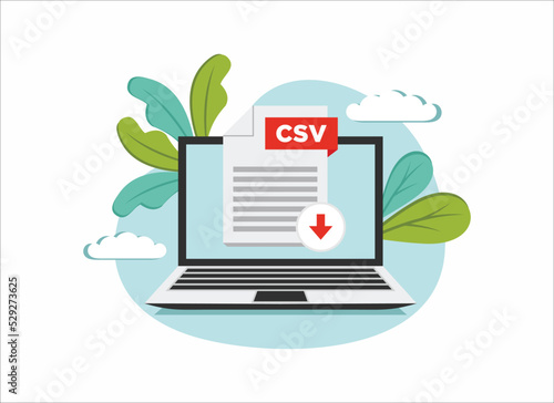 Download CSV icon file with label on laptop screen. Downloading document concept