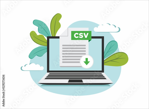 Download CSV icon file with label on laptop screen. Downloading document concept