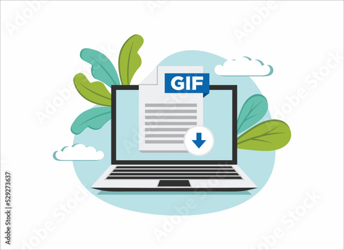 Download GIF icon file with label on laptop screen. Downloading document concept