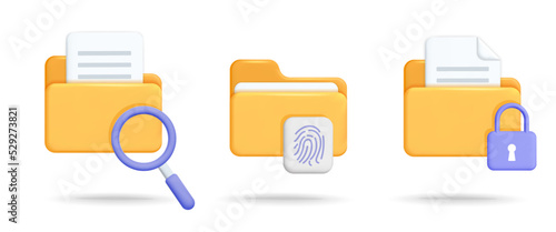 Set of safety computer file folder symbols with documents design. Folder with search icon, magnifying glass, lock, security shield and finger print protection, id  authentication icon. Digital file.