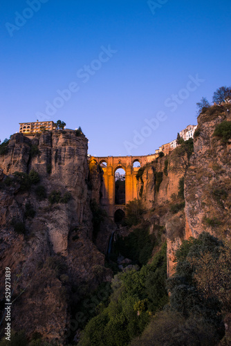 Vertical photography of the bridge of Ronda at sunset (Ronda, Andalusia, Spain)