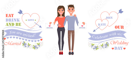 Wedding day, celebrate with us, eat drink and be married, poster of bride near groom, invitation to event, isolated cartoon flat vector illustration.