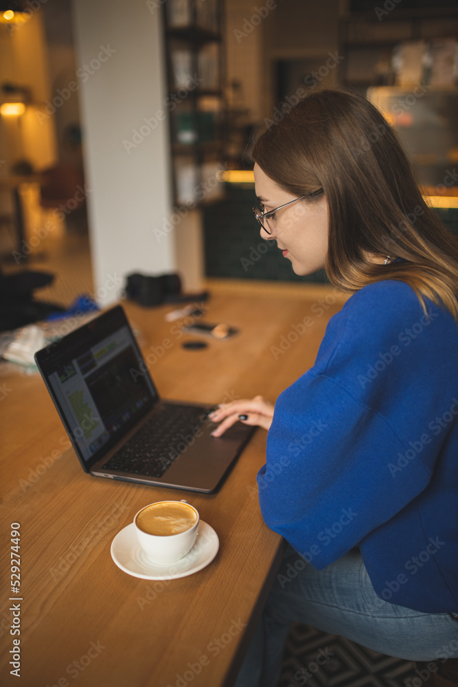 A girl in a cafe sits and works at a laptop and drinks coffee. A girl in a cafe sits and works at a laptop and drinks coffee.