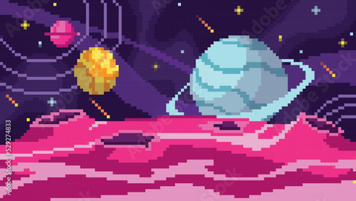 Vector illustration of beautiful pixelated space planets. Cartoon space game landscape with different planets, craters, stars, falling meteorites.