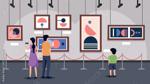 Vector illustration of painting exhibitions. Cartoon illustration of people who came to see works of futuristic art.