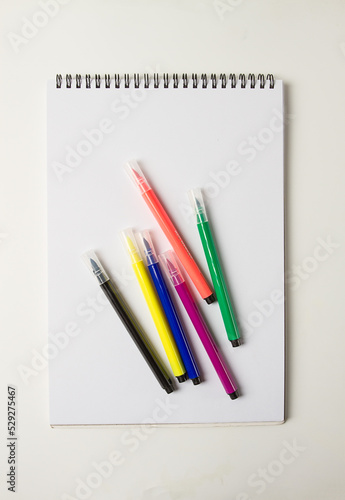 Watercolor pens brush, assortment, on a drawing album, artist's desk, top view, close-up, selective focus,