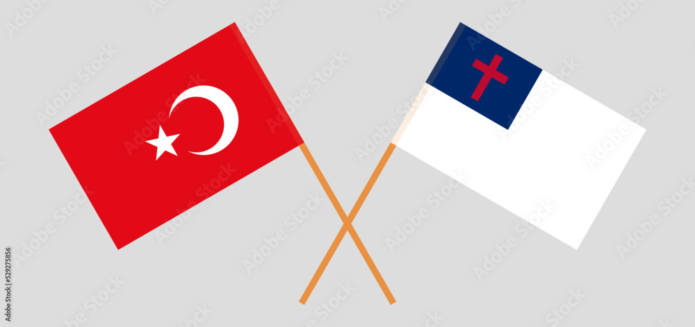 Crossed flags of Turkiye and christianity. Official colors. Correct proportion Crossed flags of Turkiye and christianity. Official colors. Correct proportion